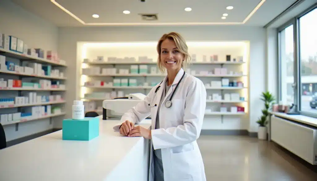 Intérieur spacieux d'une grande pharmacie lyonnaise style Elsie Santé, avec comptoir de conseil et rayons bien organisés