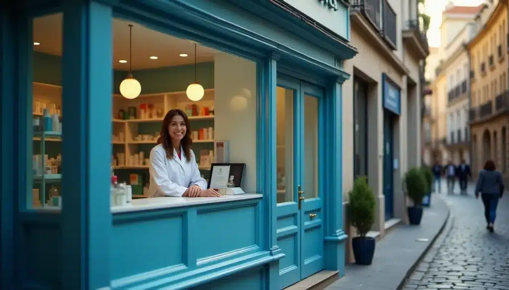 Façade lumineuse d'une lafayette pharmacie moderne avec pharmacienne visible derrière le comptoir, dans une rue française