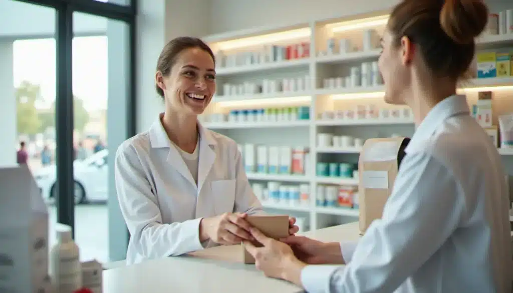 Pharmacienne accueillant un client au comptoir de la pharmacie Cap 3000 dans un centre commercial lumineux et moderne