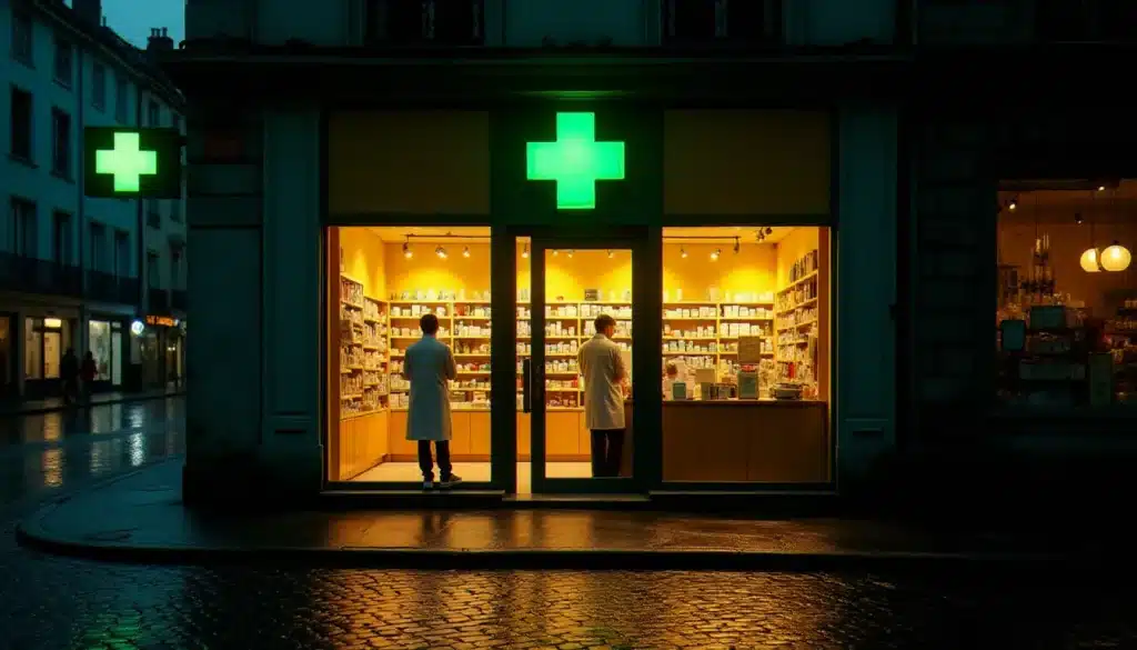 Pharmacie de garde à Strasbourg ouverte la nuit, croix verte illuminée et pharmacien en blouse blanche au comptoir