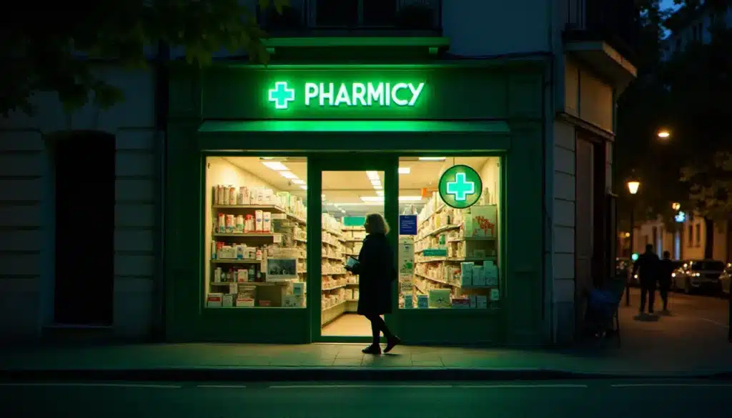 Devanture d'une pharmacie de garde à Toulouse la nuit avec la croix verte illuminée, une femme s'apprêtant à entrer avec une ordonnance