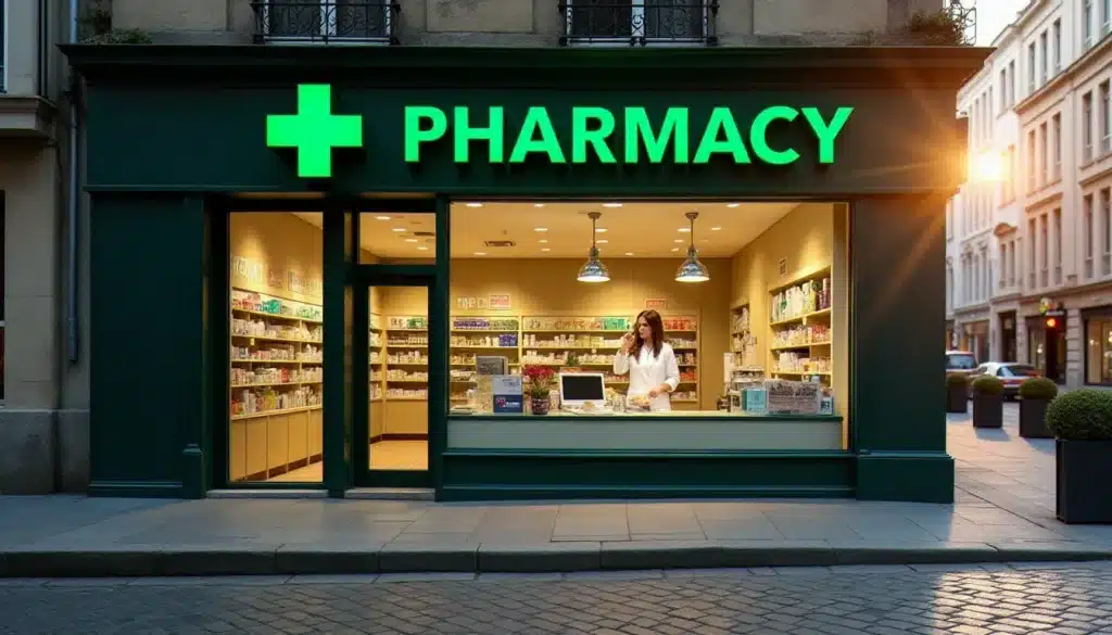 Devanture d'une pharmacie de la gare avec croix verte lumineuse, vue depuis la rue pavée, près d'une gare française en plein jour