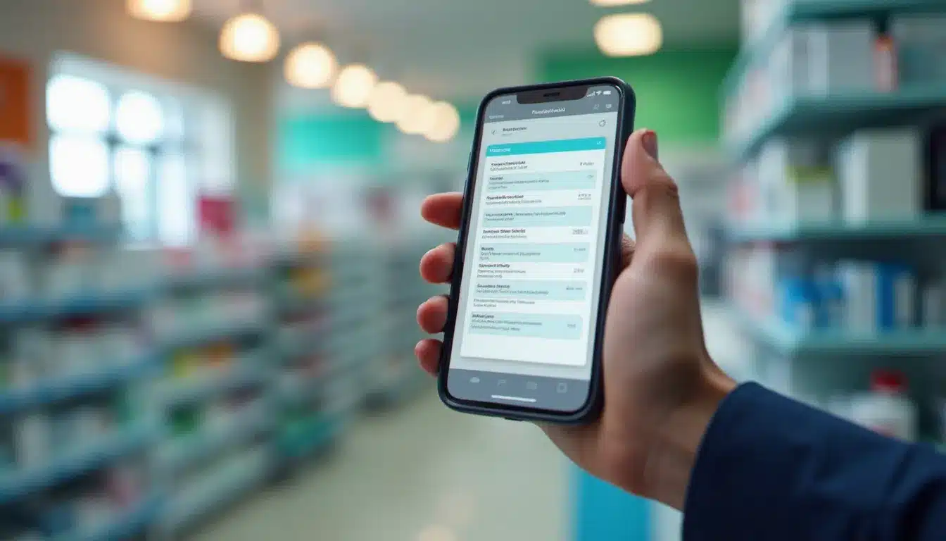 Une personne présente une ordonnance électronique sur son téléphone à une pharmacie, illustration de la numérisation des services dans les officines lilloises