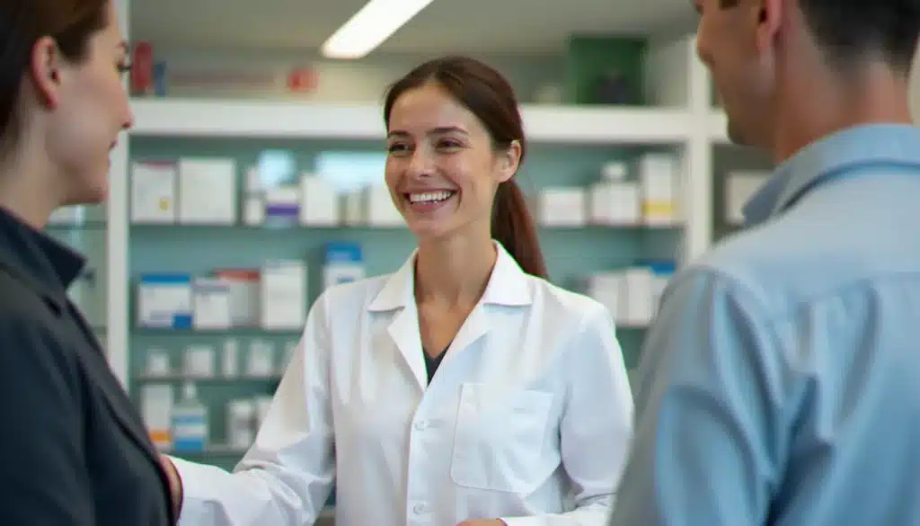 Une pharmacienne souriante en blouse blanche conseille un client dans une pharmacie à Lille, avec des rayonnages de médicaments visibles en arrière-plan