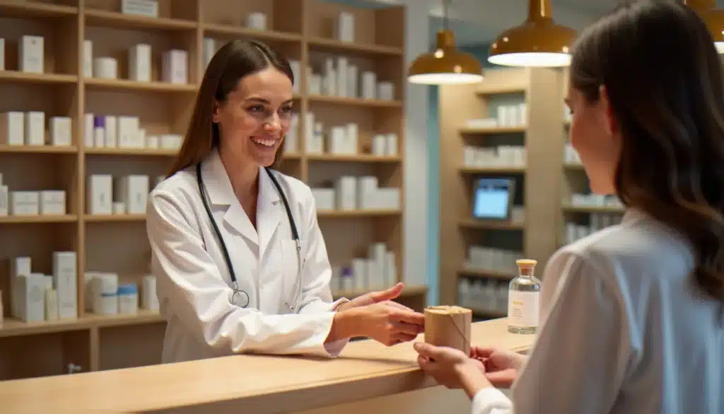 Pharmacienne conseillant une cliente dans une pharmacie moderne bien achalandée, illustrant le service et l'expertise d'une pharmacie comme la pharmacie Monge
