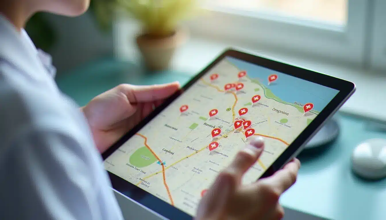 Un pharmacien utilise une tablette pour montrer les officines disponibles dans les quartiers de Rennes