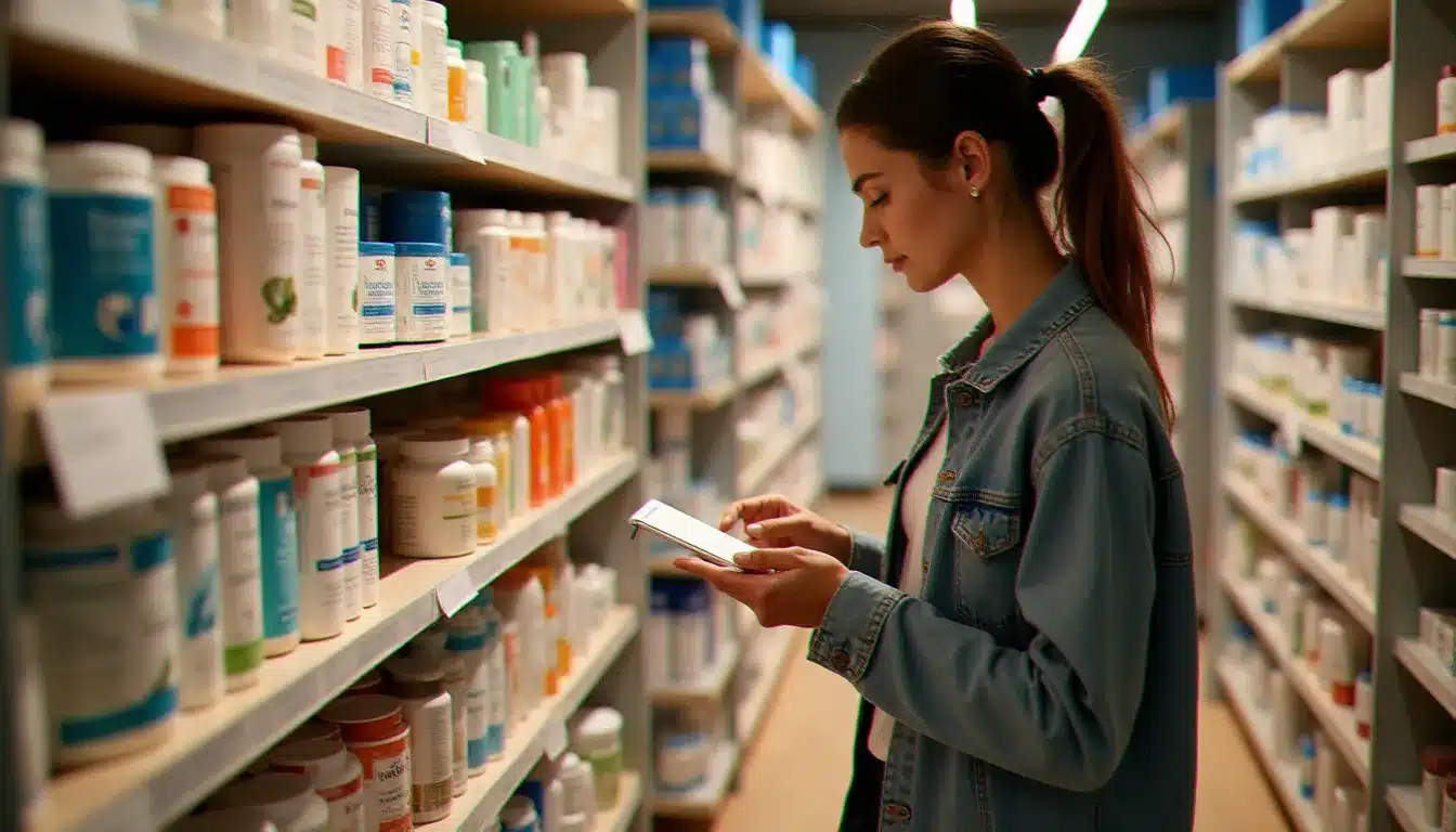 Rayon parapharmacie dans une pharmacie à Rennes avec compléments alimentaires et cosmétiques pharmaceutiques, une cliente examine un produit