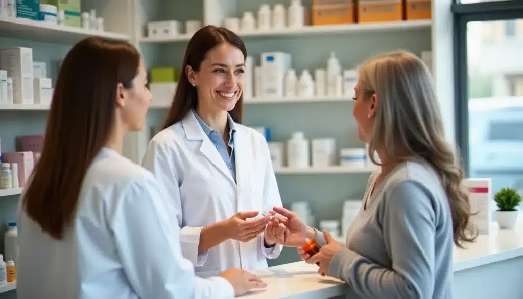 Une pharmacienne conseille une cliente dans une pharmacie à Rennes, intérieur moderne et lumineux