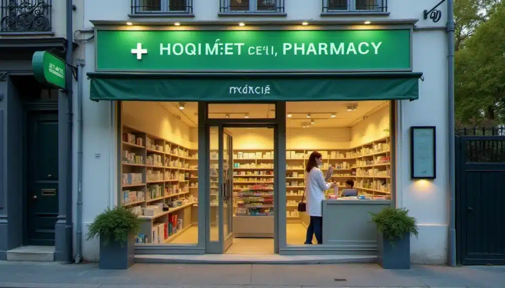 Façade d'une pharmacie de proximité à Roissy-en-Brie avec croix verte lumineuse, illustrant les services d'une pharmacie du quotidien