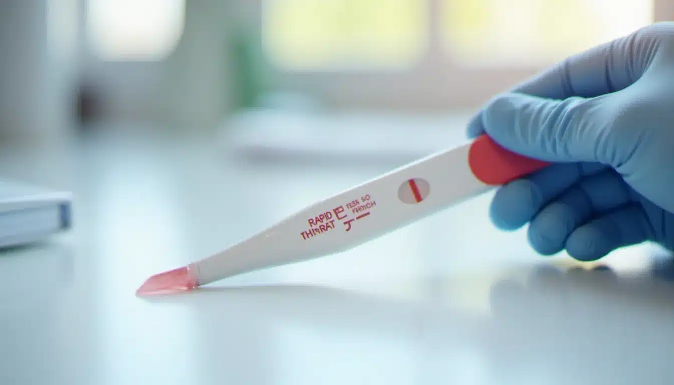 Bandelette de test angine pharmacie affichant un résultat négatif posée sur une surface médicale blanche