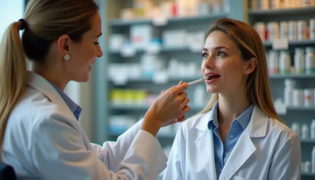 Une pharmacienne réalise un test angine pharmacie sur une patiente adulte dans une officine moderne