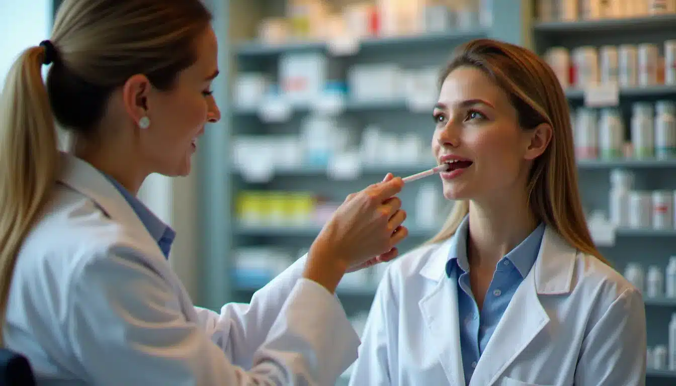 Une pharmacienne réalise un test angine pharmacie sur une patiente adulte dans une officine moderne