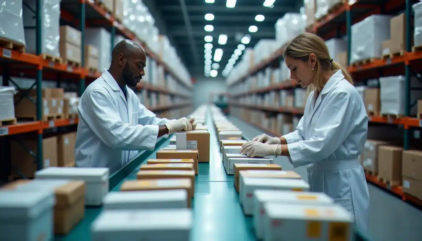 Entrepôt de répartition pharmaceutique français avec rangées de médicaments sur convoyeurs, illustrant la logistique du réseau Aprium pharmacie en France