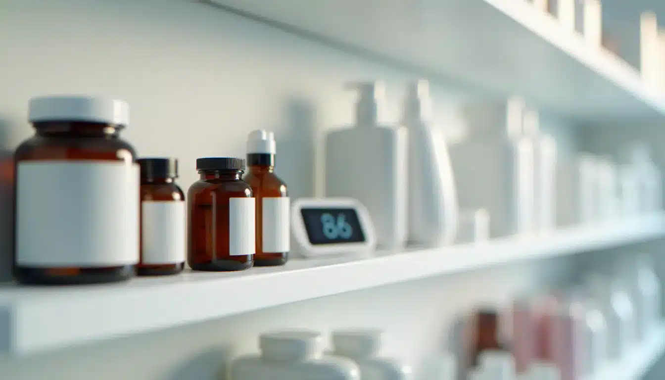 Gamme de produits parapharmacie sous marque propre sur un rayon de pharmacie Aprium, incluant compléments alimentaires, soins cosmétiques et dispositifs médicaux courants
