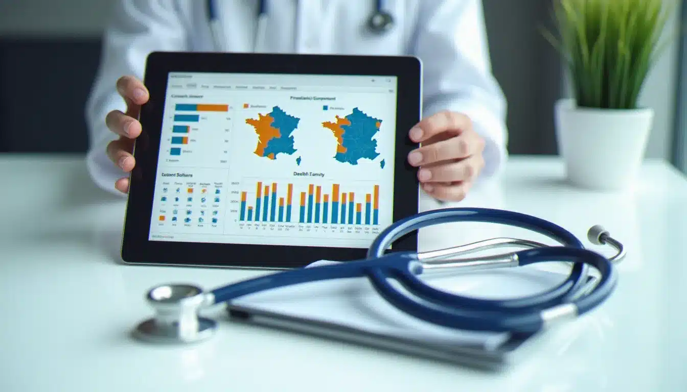Tablette affichant une interface de base de données médicales avec des statistiques de santé régionales, posée sur un bureau avec un stéthoscope