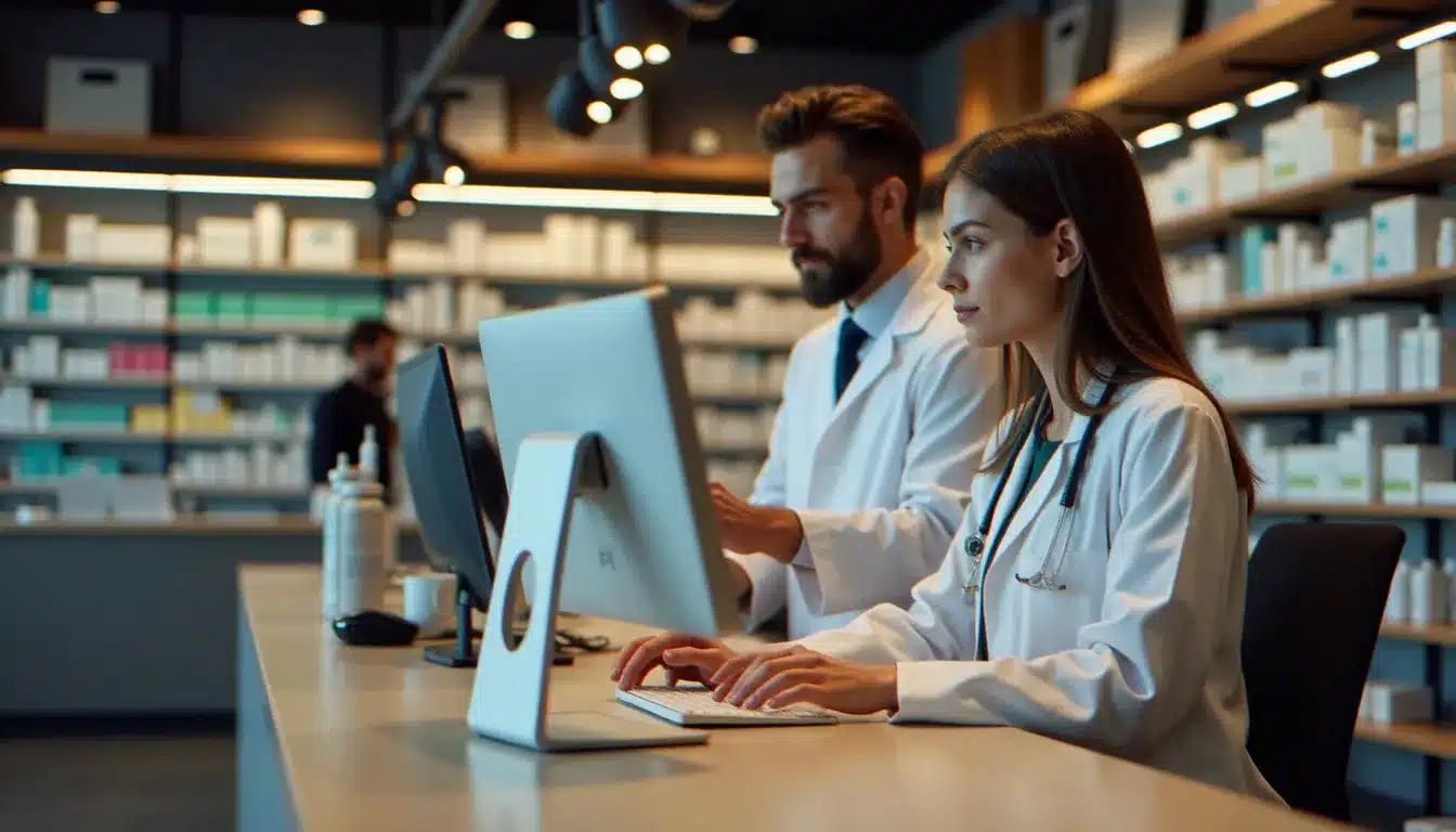 Pharmacien consultant des données de santé sur ordinateur au comptoir d'une pharmacie française pour conseiller un patient
