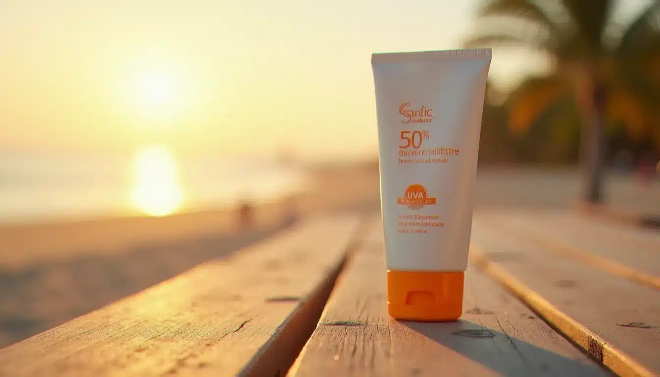 Gros plan sur le marquage SPF et le logo UVA d'une étiquette de protection solaire always sunny en plein soleil