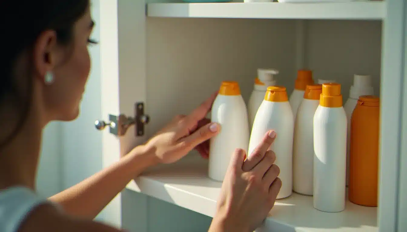 Rangement de crèmes solaires dans un meuble à l'abri de la chaleur pour respecter les conditions de conservation indiquées sur l'étiquette