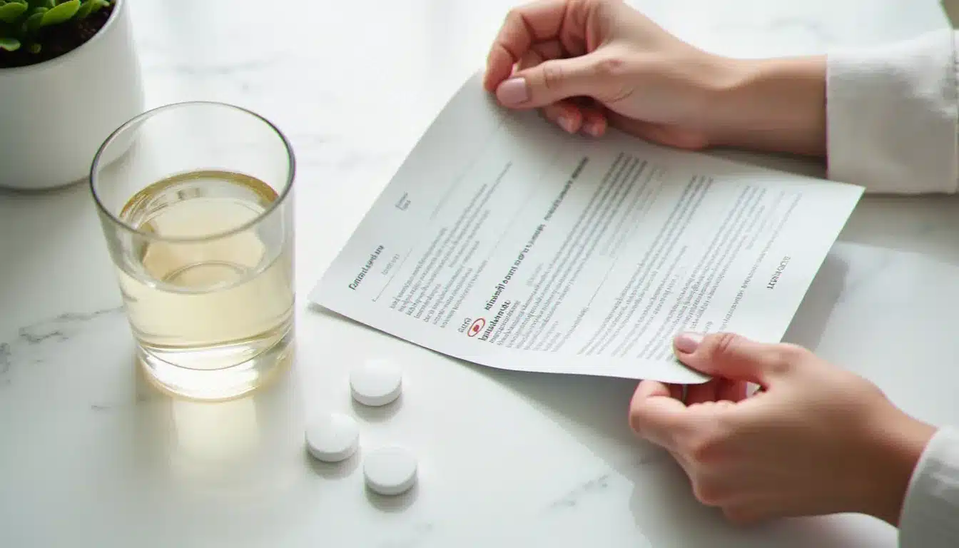 Notice médicale en anglais tenue entre les mains à côté d'un verre d'eau et de comprimés, illustrant la lecture du vocabulaire santé en anglais