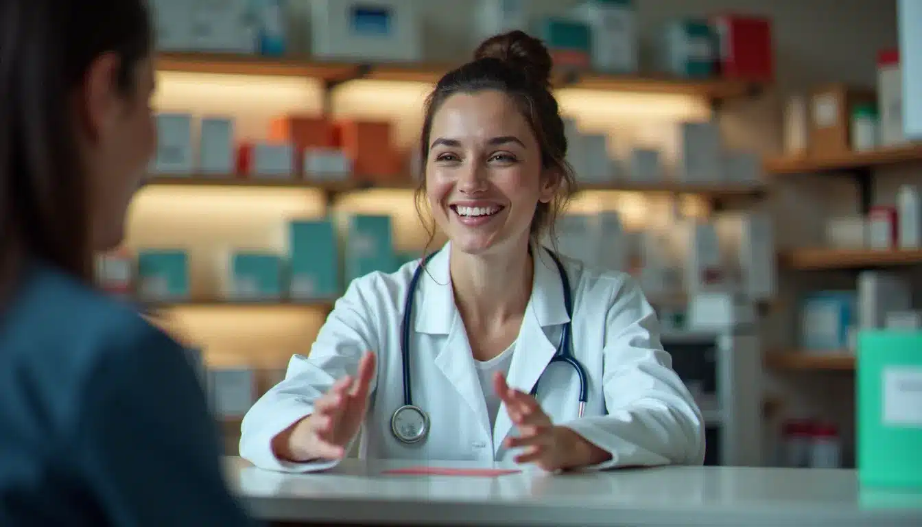 Une pharmacienne en blouse blanche explique avec bienveillance une notice à une patiente au comptoir, illustrant la communication santé en anglais à la pharmacie
