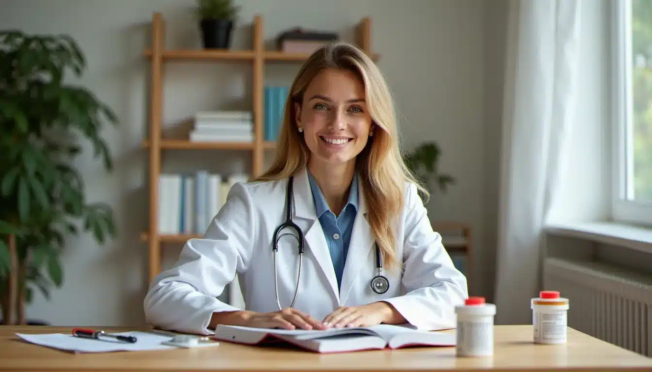Une femme consulte un dictionnaire médical bilingue français-anglais pour apprendre comment dire santé en anglais, avec des médicaments posés sur le bureau