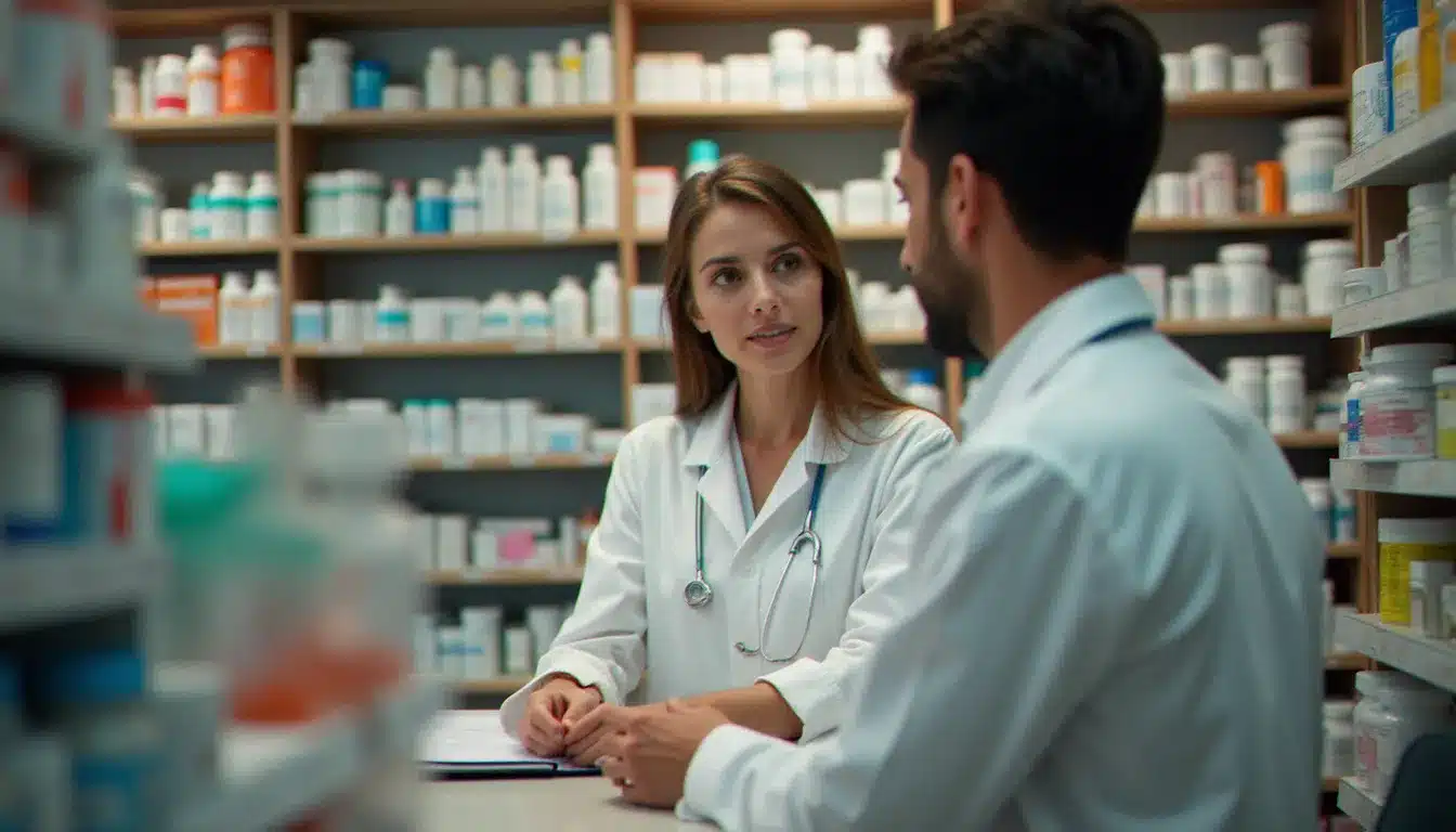 Pharmacienne en officine donnant des conseils à un patient, illustrant les débouchés professionnels après une formation en pharmacie