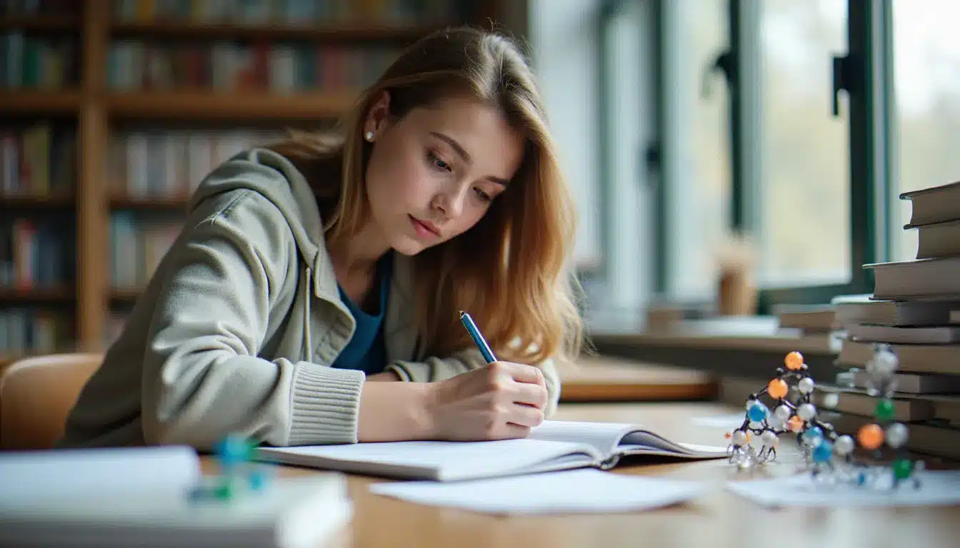 Étudiante en formation prépa en pharmacie révisant des cours de chimie sur un bureau bien organisé avec des manuels universitaires