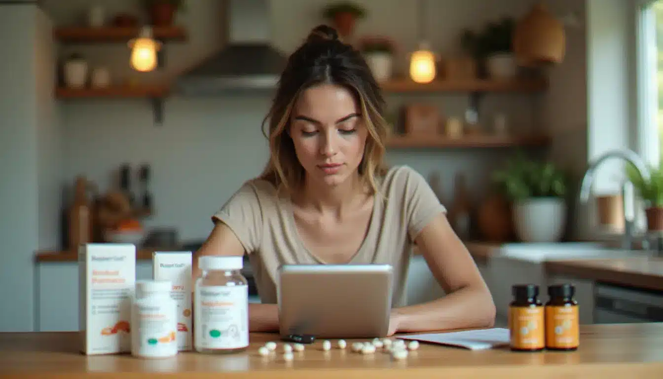 Femme comparant les prix de médicaments sur internet via sa tablette numérique, entourée de boîtes de produits pharmaceutiques et compléments alimentaires sur une table de cuisine