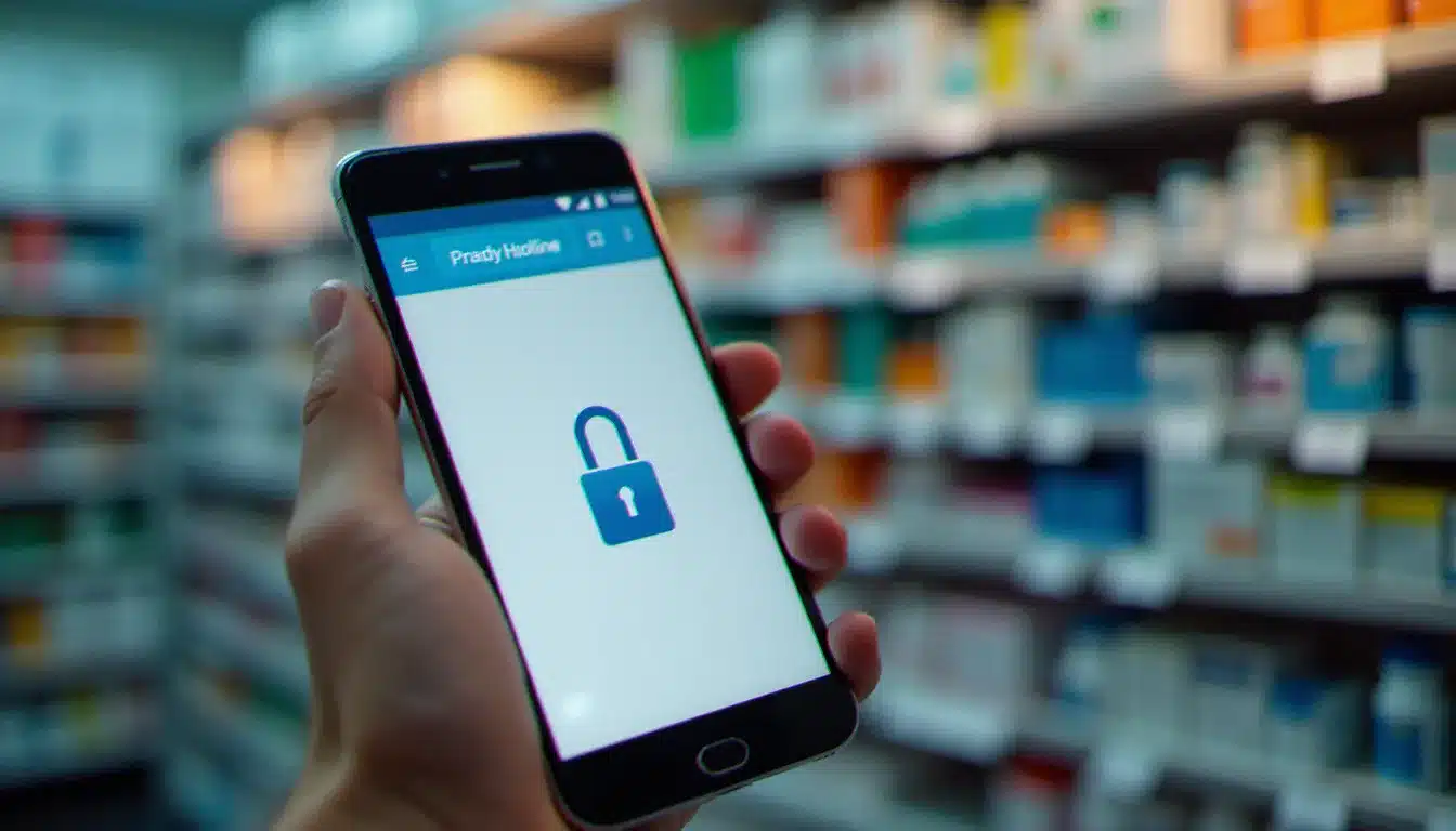 Smartphone affichant un site de pharmacie en ligne sécurisé avec cadenas HTTPS dans la barre d'adresse, devant des rayonnages floutés d'une officine pharmaceutique