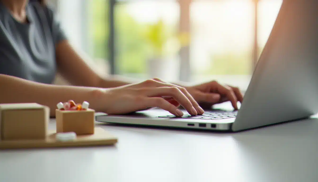 Personne effectuant un achat internet de médicaments en ligne depuis son ordinateur portable, avec une boîte de livraison de pharmacie contenant des compléments alimentaires posée à côté
