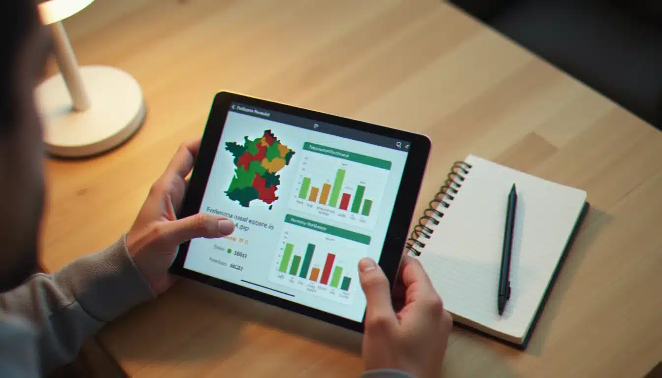 Tablette affichant une carte de France des prix immobiliers par région, outil de comparaison du prix d'achat de maison sur internet