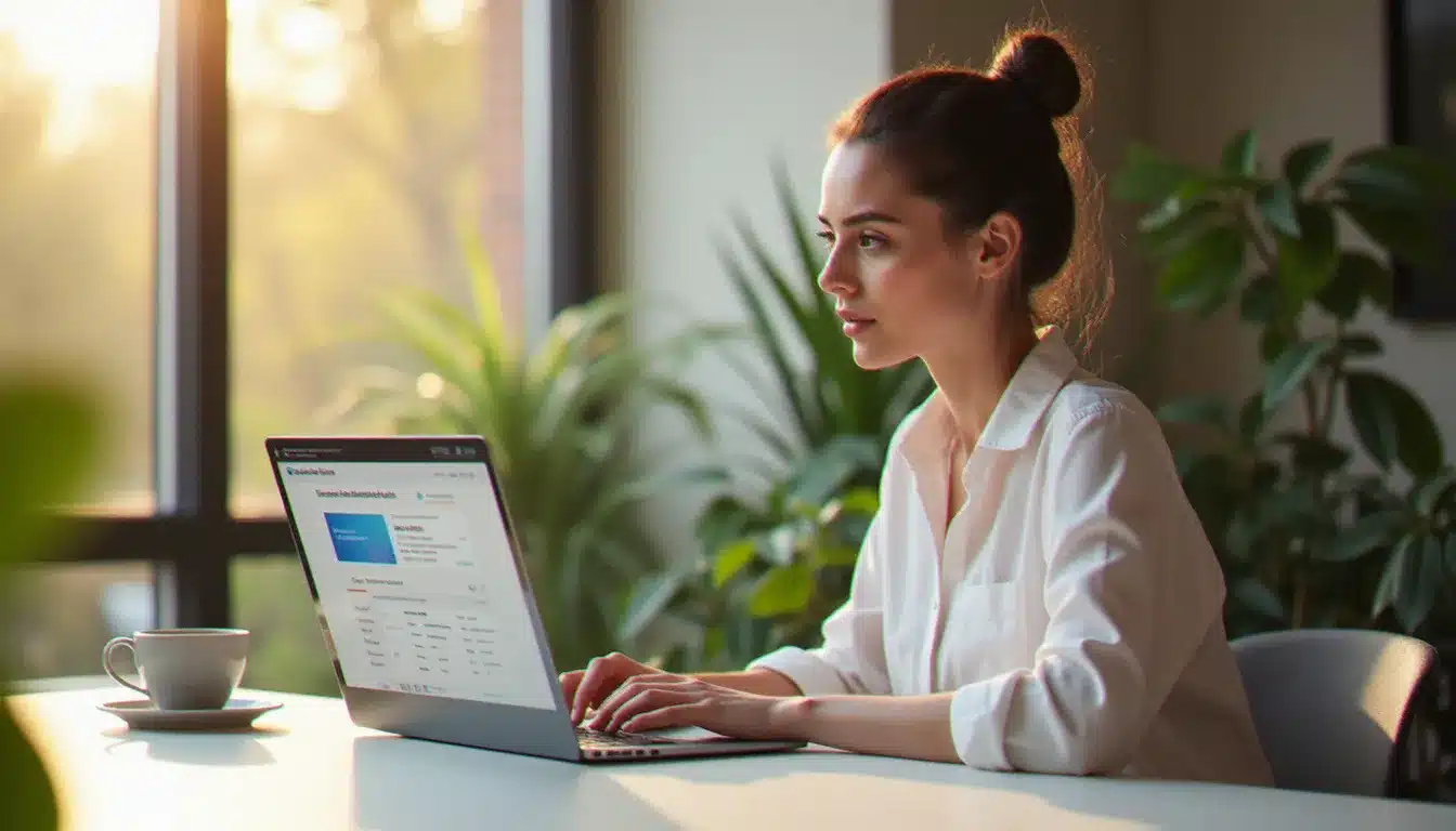 Femme consultant des annonces immobilières sur internet pour comparer les prix d'achat de maison depuis son bureau baigné de lumière naturelle