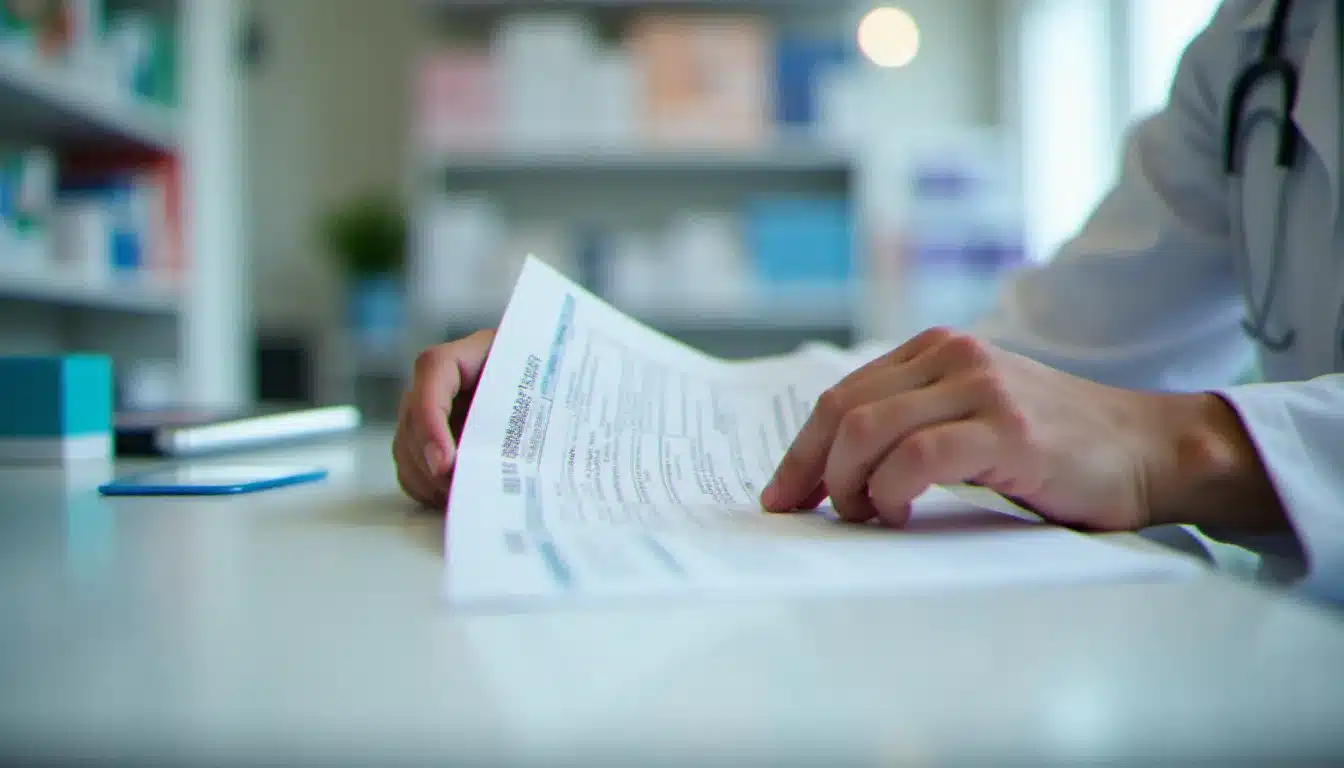 Mains d'un pharmacien analysant une ordonnance médicale au comptoir d'une pharmacie, avec des boîtes de médicaments en arrière-plan