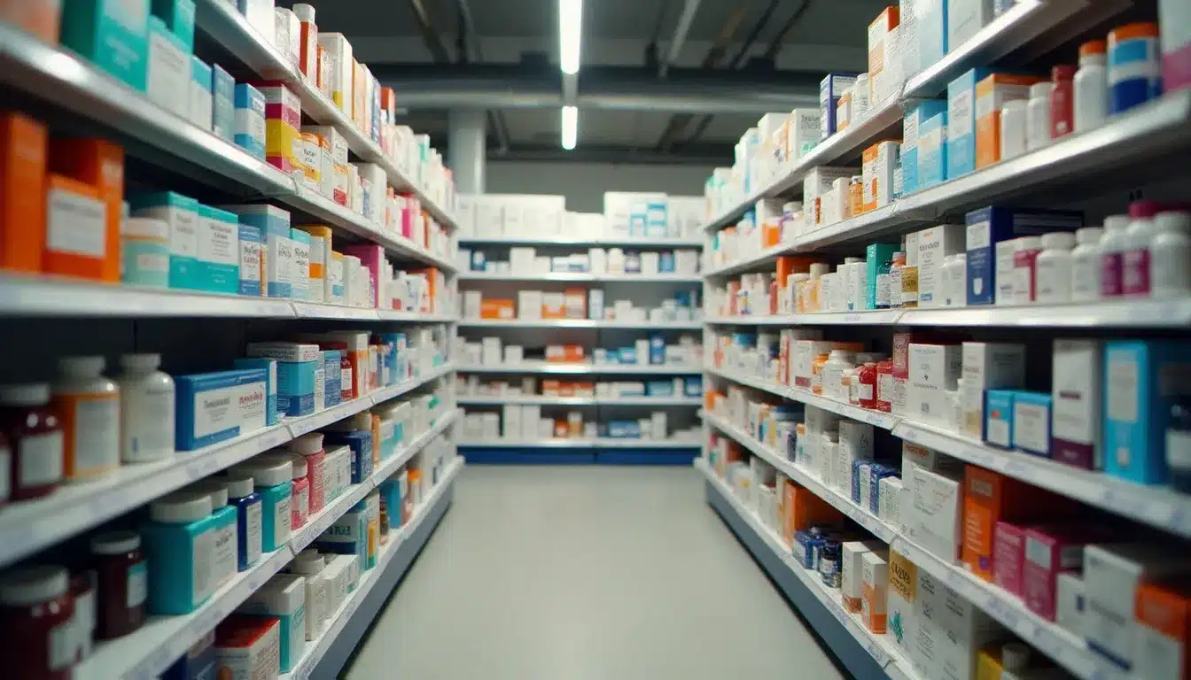 Rayonnage organisé de médicaments en vente libre dans une pharmacie française, illustrant la diversité des produits disponibles sans ordonnance au comptoir