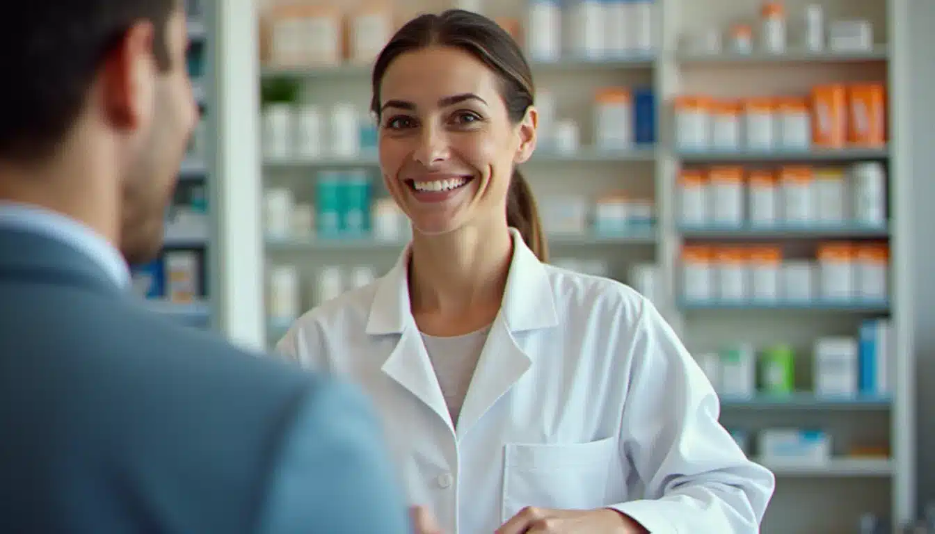Pharmacienne derrière le comptoir des pharmacies accueillant un patient avec le sourire dans une officine française moderne