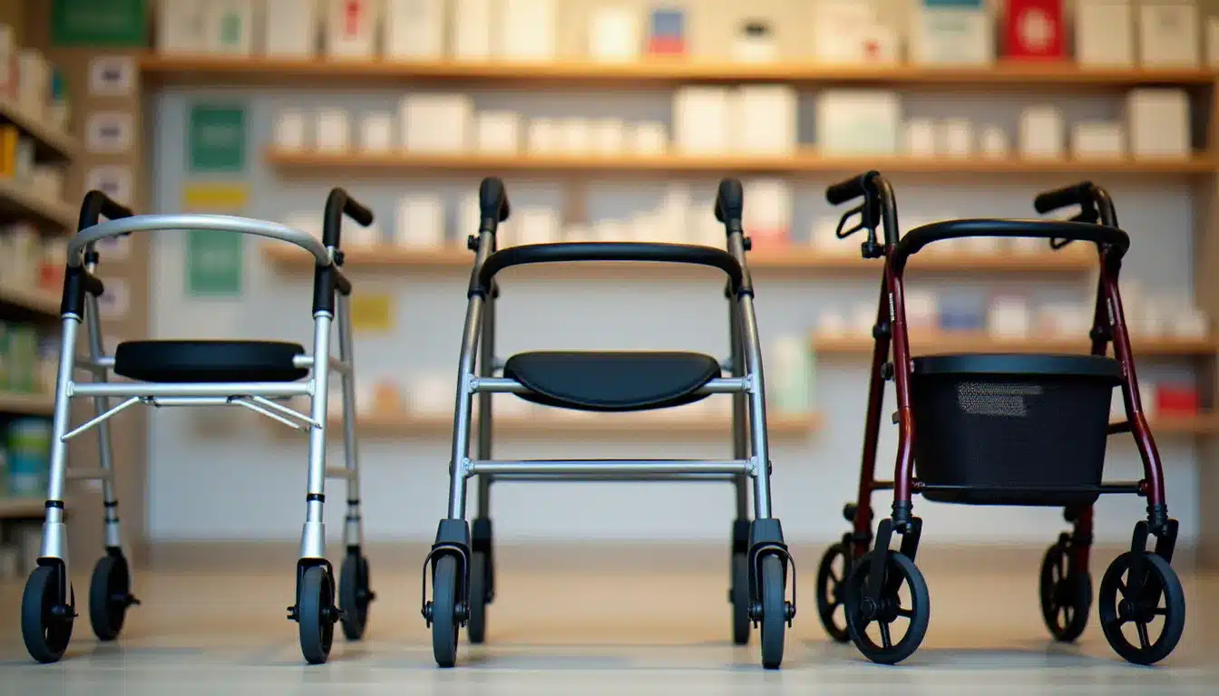 Trois types de déambulateurs médicaux présentés côte à côte en pharmacie : modèle fixe, deux roues et rollator quatre roues avec siège intégré