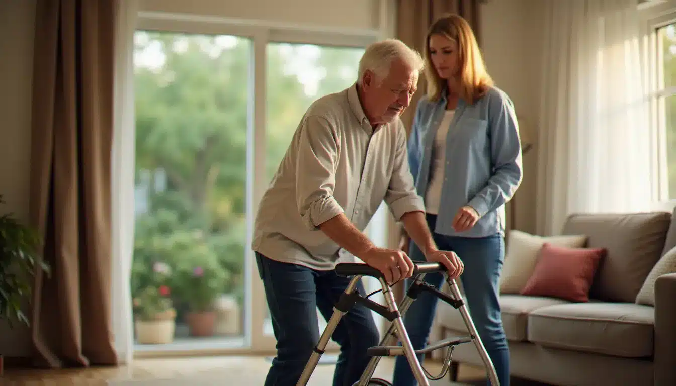 Un homme âgé règle la hauteur des poignées de son rollator à domicile, illustration du bon réglage d'un déambulateur médical pour une utilisation quotidienne