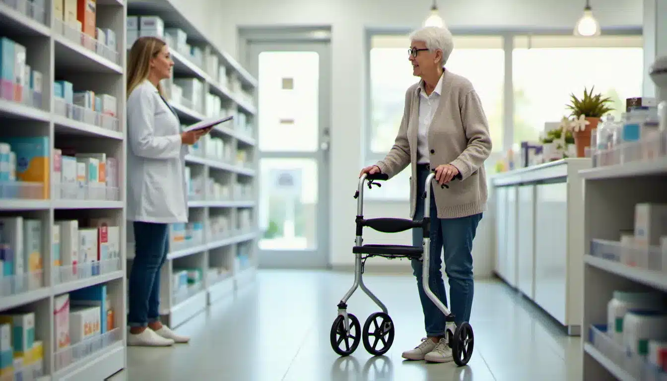 Une femme âgée utilisant un déambulateur médical à quatre roues dans une pharmacie, assistée par un pharmacien, illustrant le choix du prix d'un déambulateur en pharmacie