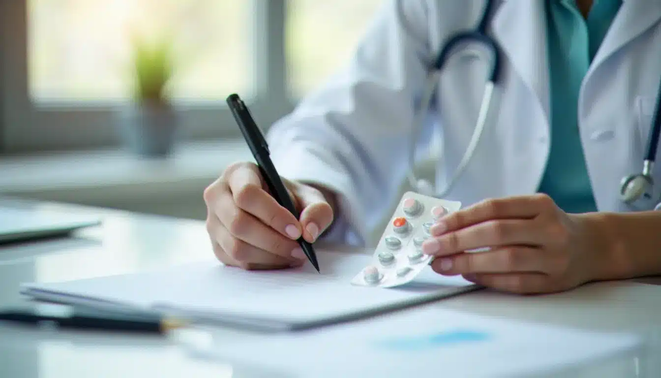 Mains d'une médecin tenant un blister de médicament orlistat et rédigeant une prescription, illustrant la délivrance d'un traitement amaigrissant sur ordonnance