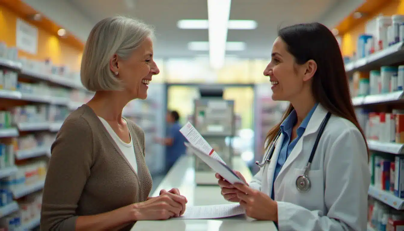 Une femme en consultation avec une pharmacienne montrant une notice de médicament pour maigrir en pharmacie, illustrant l'importance du conseil officinal personnalisé