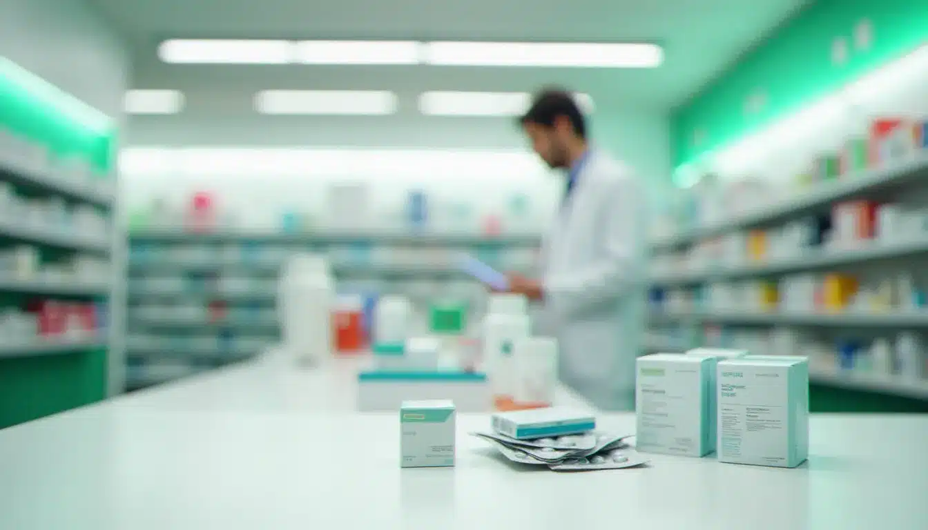 Comptoir d'une pharmacie française avec des boîtes de médicaments pour maigrir très puissant en pharmacie disposées sur une surface blanche, pharmacien en arrière-plan