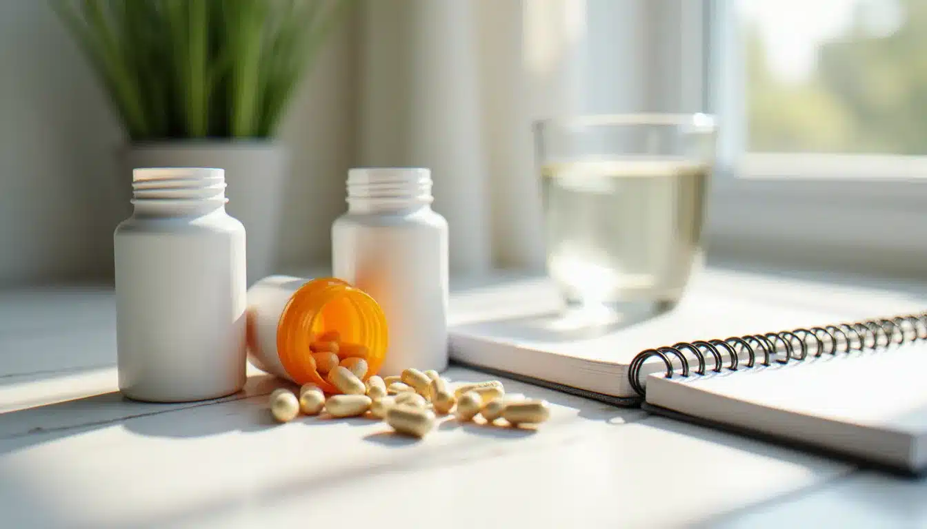 Flacons de compléments alimentaires disposés sur une surface blanche avec un verre d'eau, illustrant le conseil en compléments alimentaires à la pharmacie