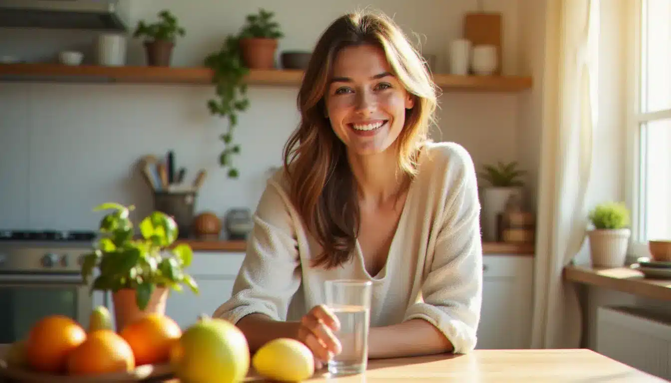 Femme souriante à une table lumineuse tenant un verre d'eau entourée de fruits frais, illustrant la meilleure santé à toi au quotidien