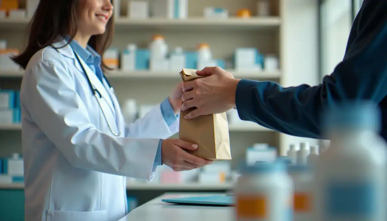 Pharmacien remettant des médicaments à un patient au comptoir d'une pharmacie, illustrant le reste à charge et les remboursements mutuelle