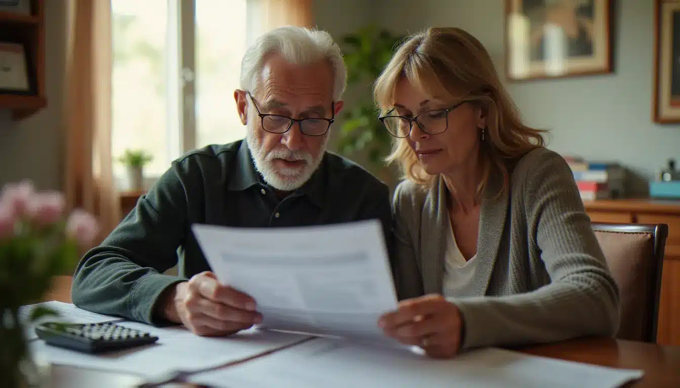 Couple examinant leurs documents de mutuelle santé et calculant leurs cotisations pour trouver la couverture la plus abordable