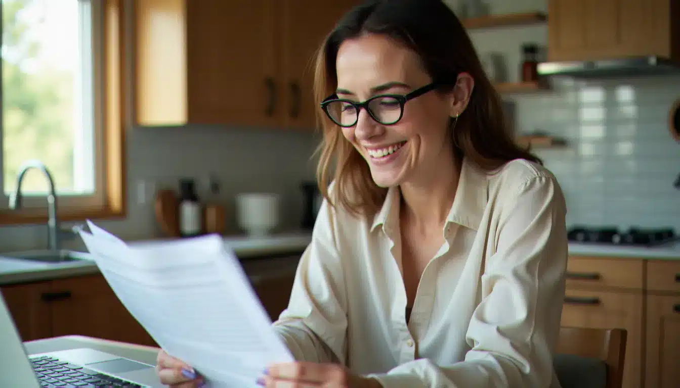 Femme comparant des offres de mutuelle santé efficace et pas cher sur son ordinateur à la maison