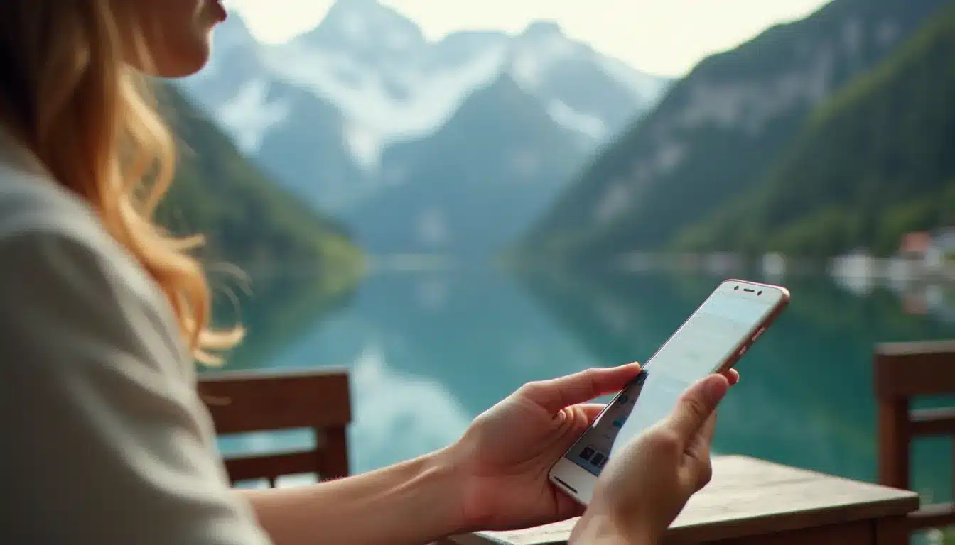 Personne consultant son téléphone pour trouver une pharmacie de garde à Annecy avec le lac et les Alpes en arrière-plan