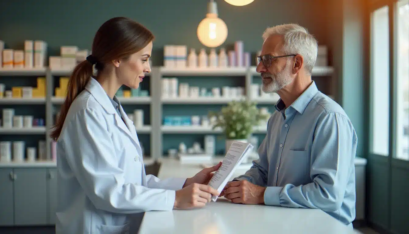 Pharmacien en blouse blanche en train de conseiller un patient au comptoir d'une officine moderne bien organisée