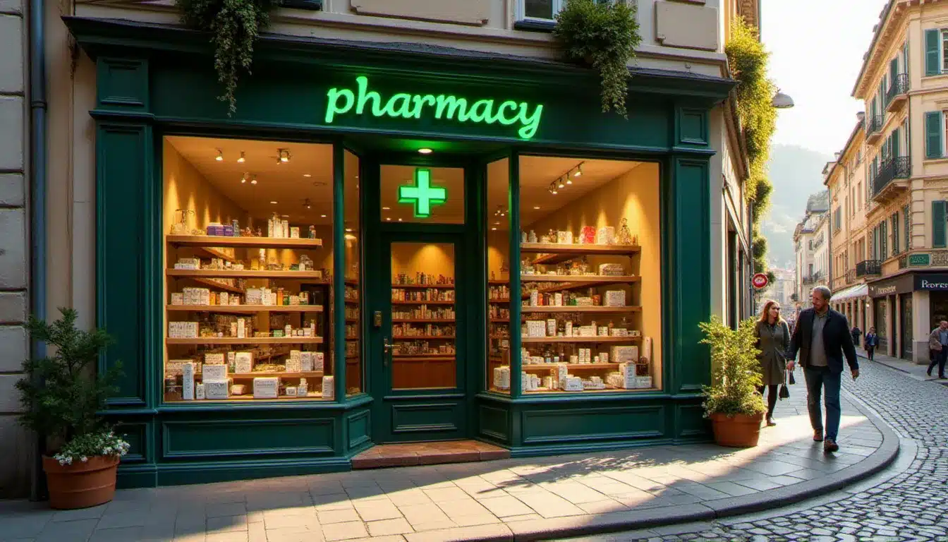 Devanture lumineuse d'une pharmacie à Annecy avec croix verte illuminée et vitrine de produits de santé sur une rue piétonne alpine