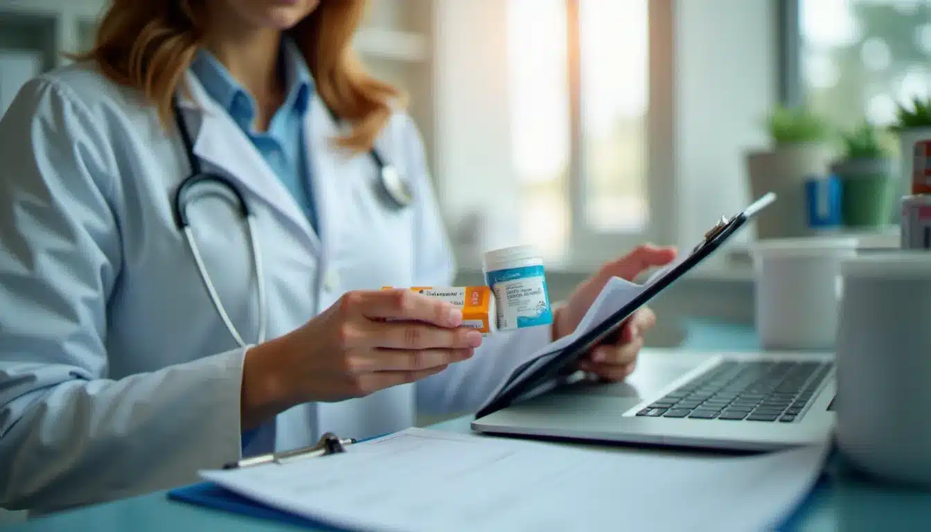 Pharmacienne vérifiant les interactions médicamenteuses entre deux boîtes de médicaments lors d'un entretien pharmaceutique personnalisé